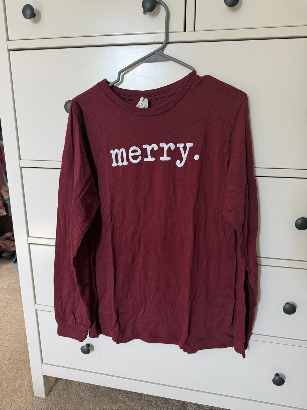 Bella Canvas Long Sleeve Tee - Maroon with White "merry." Print
